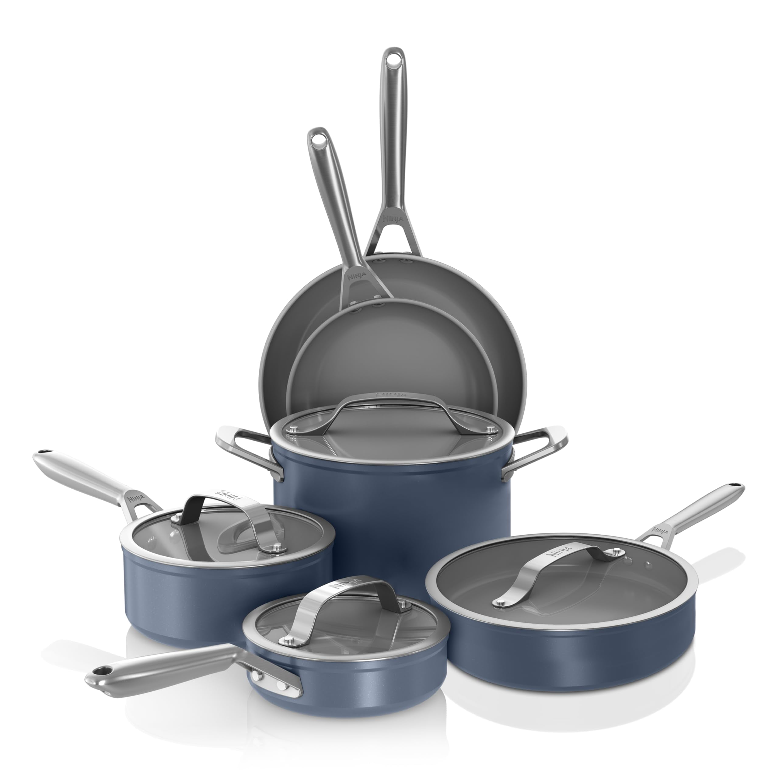 Ninja Ceramic Pro 10-Piece Cookware Set Non-Stick Pots & Pans Set with Glass Lids PTFE Free Ceramic Coated Stove to Oven Safe All Stovetops & Induction Compatible Midnight Blue CW39010MM