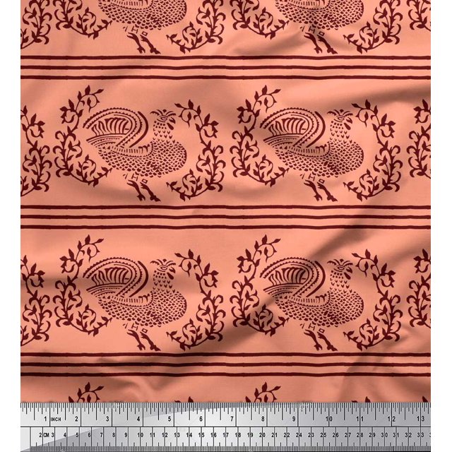 Soimoi Poly Georgette Fabric Stripe,Leaves & Hen Block Print Fabric by Yard 52 Inch Wide