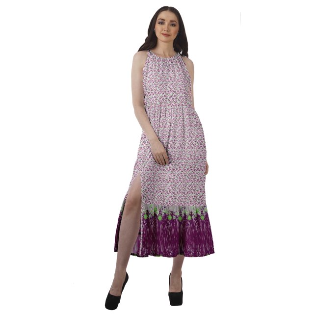 Moomaya Robe Imprimée Femme Fête Mariage Tenue de Fête Col Licou Robe Maxi en Rayonne