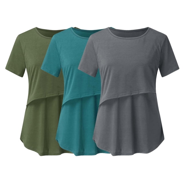 DPTALR Blouse d'Allaitement à Manches Courtes pour Grossesse et Grossesse, Couleur Unie, Col Rond