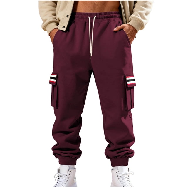 Lovzfmll Men's Retro Striped Fleece Joggers, Solid Color Base, Heavy Pile, Drawstring Waist, Pockets for Warmth Wine, L