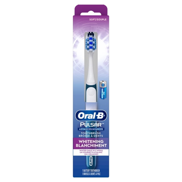 Oral-B Pulsar Advanced Expert All-In-One Toothbrush soft 1 count in retail packaging, featuring a white and blue manual toothbrush with soft blue and white bristles, a white handle with a blue grip, and an included AA battery, suitable for whitening and daily oral care.