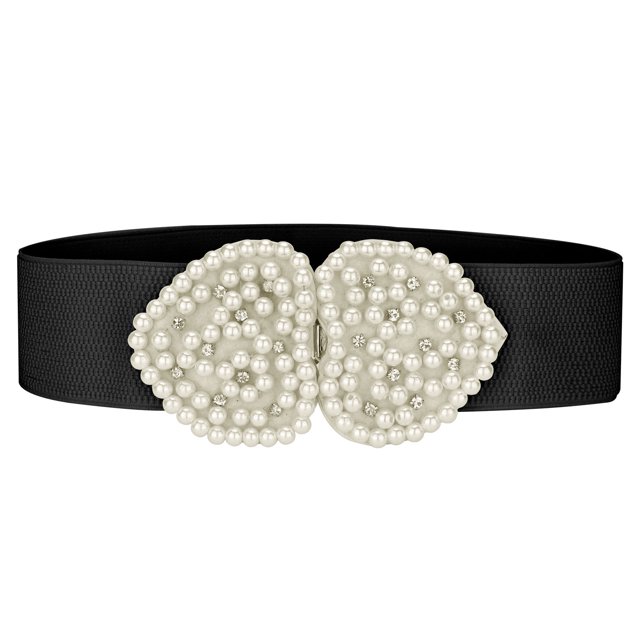 INSPIRE CHIC Heart Shape Design Faux Pearl Rhinestone Decor Waist Belts for Women One Size Black