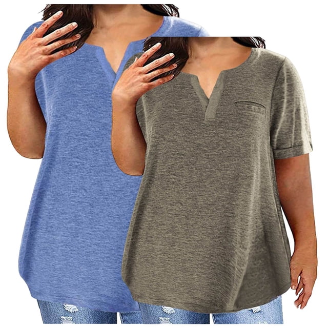 Timegard Haut 2 Pcs Grande Taille pour Femmes Été Manches Courtes Col en V Blouse Confortable Décontractée Mi-Longue