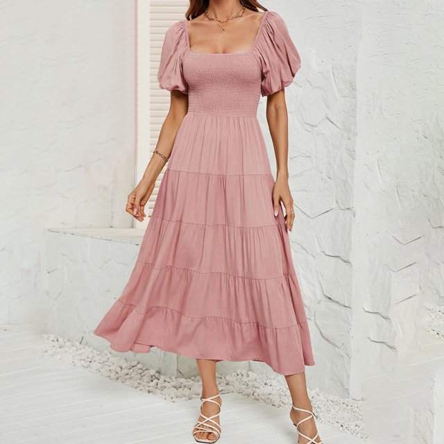 Robe d'Été pour Femmes 2024 Mode Grande Taille Unie Taille Haute Manches Bouffantes Robe à Taille Enveloppée Rabais de 50 % Liquidation!