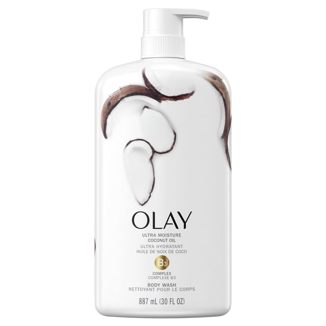 Olay Ultra Moisture Body Wash with Coconut Oil in a white 887 mL (30 fl oz) pump bottle featuring coconut illustrations and Vitamin B3 Complex text, designed for moisturizing and hydrating skin in bath and shower use.