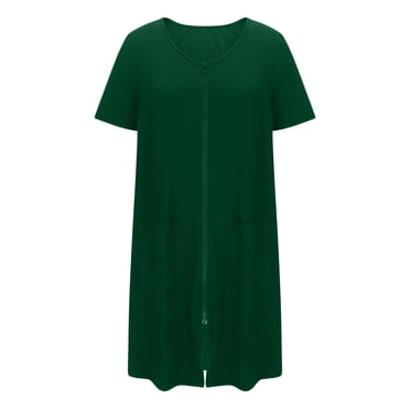Women's Zipper Robe, Short Sleeves Zip up Bathrobe Soft Short Nightgown Housecoat with Pockets Ladies Cotton Pajama Dress Green M