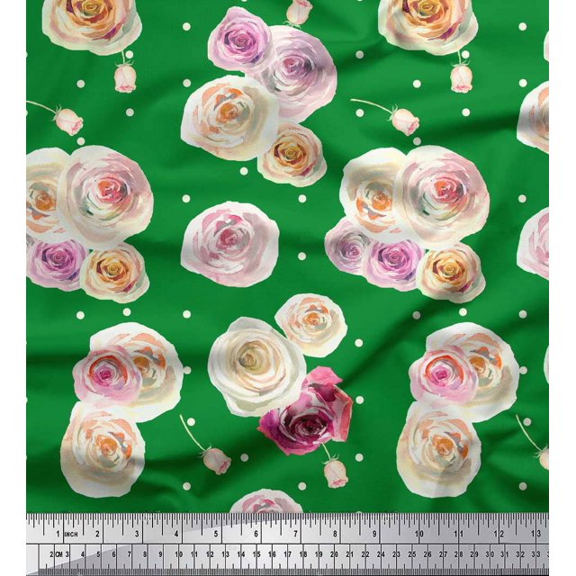 Soimoi Green Silk Fabric Dot & Ranunculus Floral Printed Fabric 1 Yard 42 Inch Wide