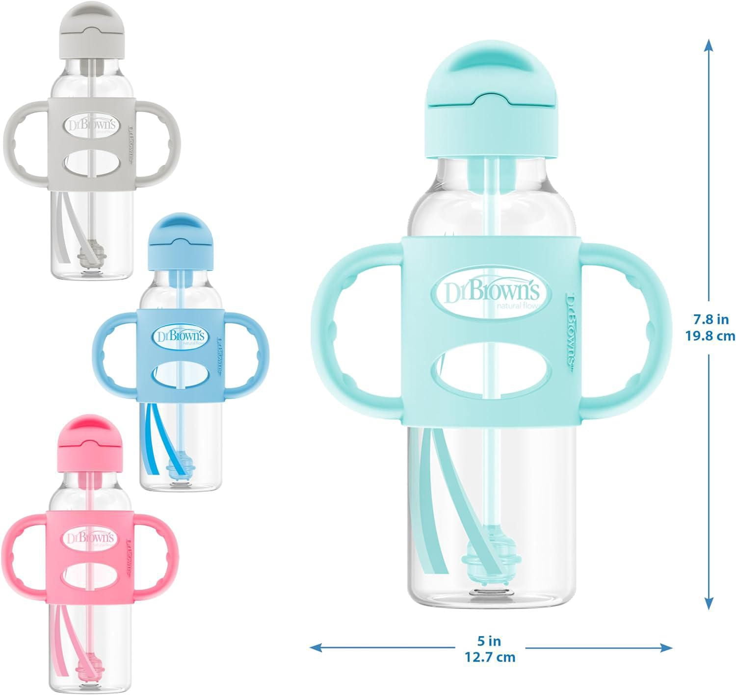 Dr. Brown's Milestones Narrow Sippy Straw Bottle, Spill-Proof with 100% Silicone Handles, Gray/Blue, 6m+, 2x8oz Bottles