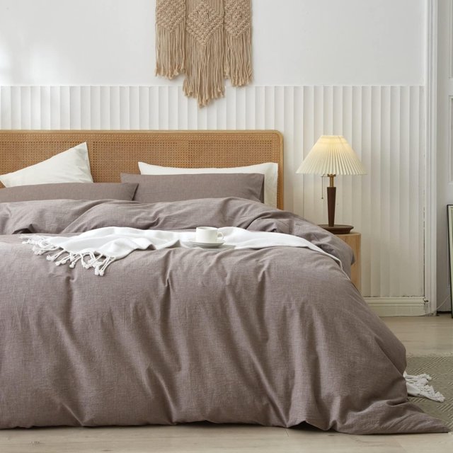 Ensemble de Housse de Couette en Coton Lavé Toucher Lin Naturel Anti-Froissement Léger Confortable (Très Grand Lin)