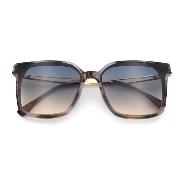 Womens Luxury Designer Inset Lens Metal Arm Horn Rim Plastic Fashion Sunglasses Brown Marble - Black Beige