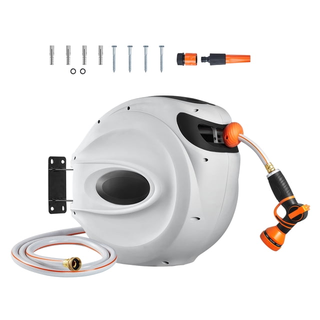 KFFKFF Support de Boyau à Rétraction Automatique, 115 Pi x 1/2 Po, Support Mural Pivotant à 180°, Enrouleur de Boyau d'Arrosage pour Pelouse avec Buse de Pulvérisation à 9 Réglages, Verrouillage de Longueur Ajustable et Mécanisme d'Enroulement Progressif