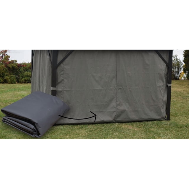 Rideaux Latéraux pour Gazebo 10 x 14 de Couleur Charbon, en Tissu de Zone de Sécurité Résistant à l'Eau avec Doubles Attaches au Milieu et au Bas des Poteaux, Fixés à un Cadre de Gazebo Extérieur sur l'Herbe, Conçus pour Protéger des Rayons UV, du Vent et de la Pluie, avec une Pièce de Rideau Pliée à Côté de la structure.