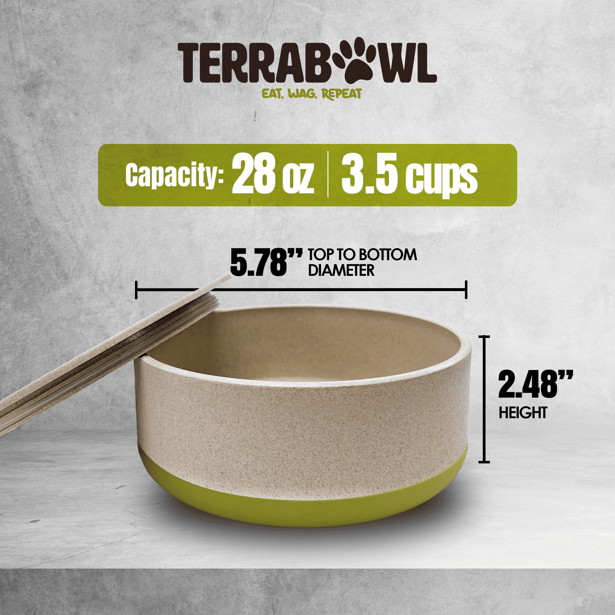 TerraBowl 28 oz. Bol pour Animaux de Compagnie Écologique, Antidérapant avec Couvercle pour Chiens et Chats