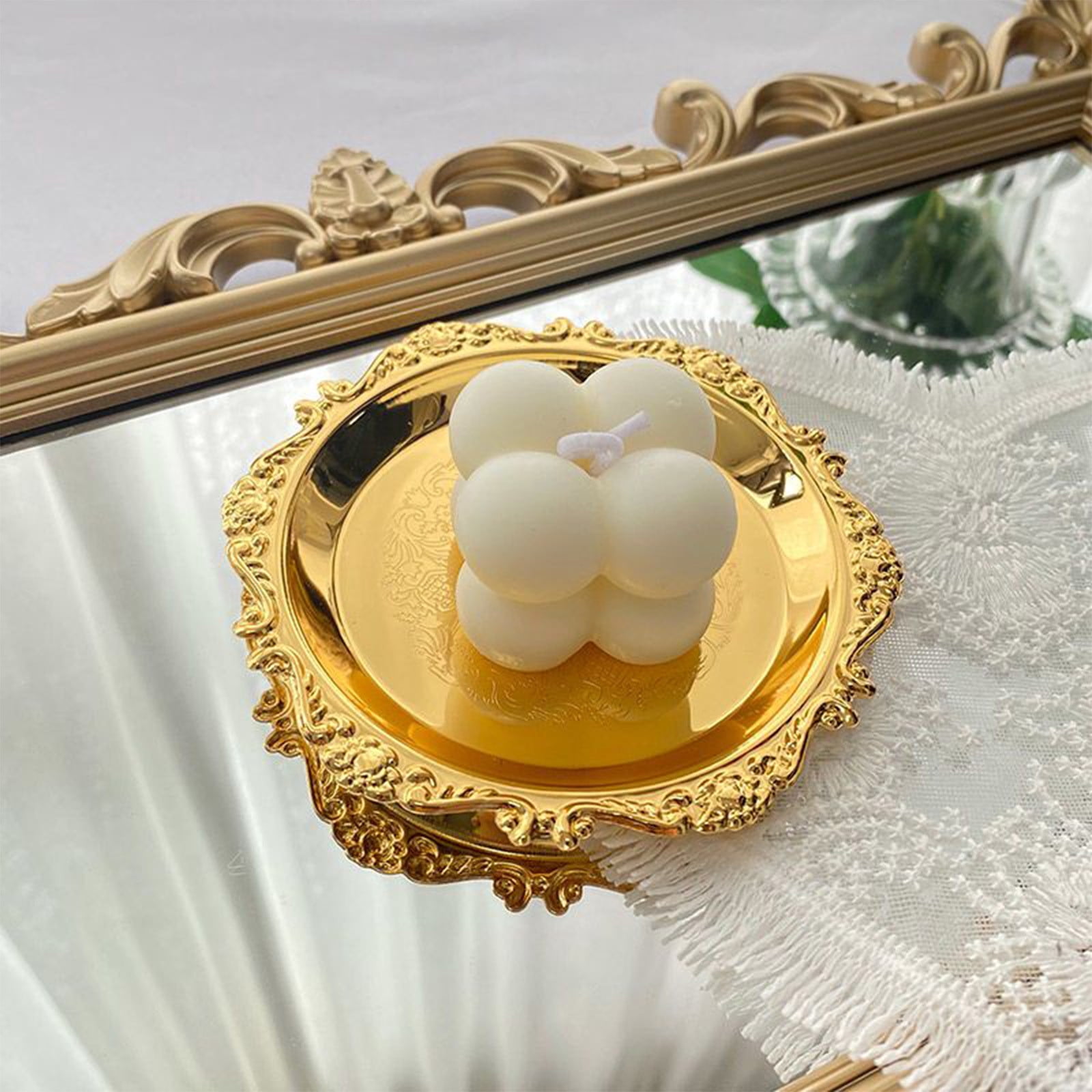 TUWABEII Retro European Style Gold Metal Plates With Exquisite Small Plates Jewelry Tray Photo Props Dessert Plates Home Storage and Organization On clearance