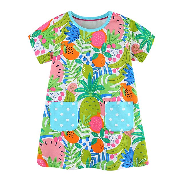 BOBOGOJP Robe pour Filles Tout-Petits Manches Courtes Imprimés Robe de Danse Vêtements de Fête (Vert, 6-7 Ans)