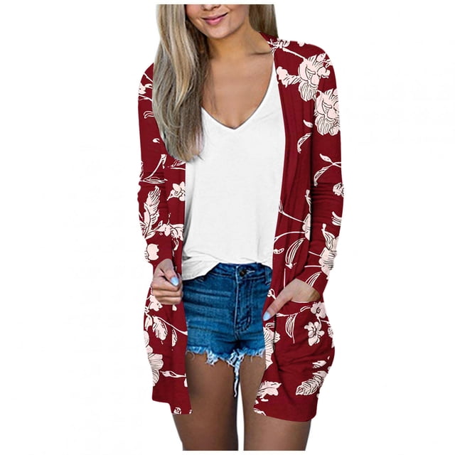 Ladies Long Cardigan, Summer Light Weight Open Front Cardigans Long Sleeve Floral Printed Comfy Soft Coat with Pockets Wine M