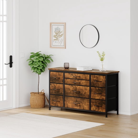 TROPOW Tv Stands for Living Room,10 Drawer Dresser, 55 Inch TV Stand with Power Outlet Entertainment Center, Fabric Drawer Storage for Bedroom, Living Room, Wardrobe, Entryway, Brown
