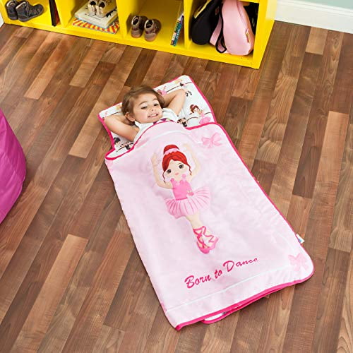 Everyday Kids Toddler Nap Mat with Removable Pillow -Born to Dance Ballerina- Carry Handle with Straps Closure, Rollup Design, Soft Microfiber for Preschool, Daycare, Sleeping Bag - Ages 2-4 Years