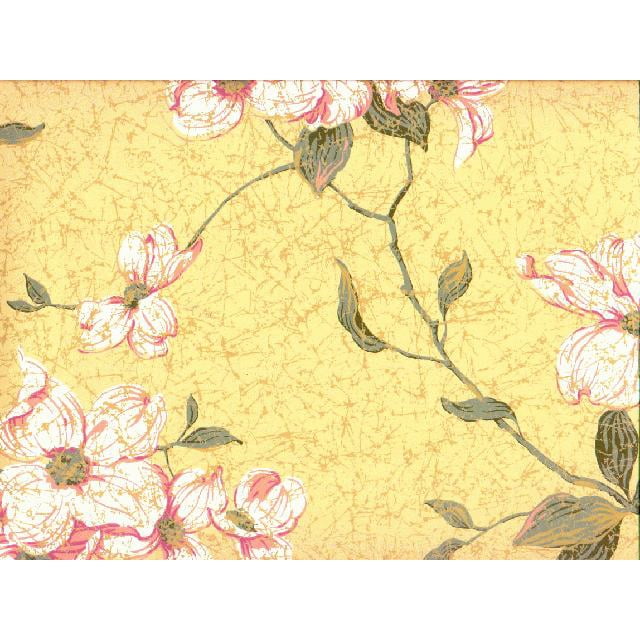 WALLPAPER DOUBLE ROLL DS6083 by WallUSA Discontinued Wallpaper, featuring a floral design with pink and white blossoms and green leaves on a textured yellow background. Made of vinyl, it is prepasted, scrubbable, and strippable. Each double roll measures 27 inches wide with a 25 1/4-inch pattern repeat, covering 30.37 square feet.