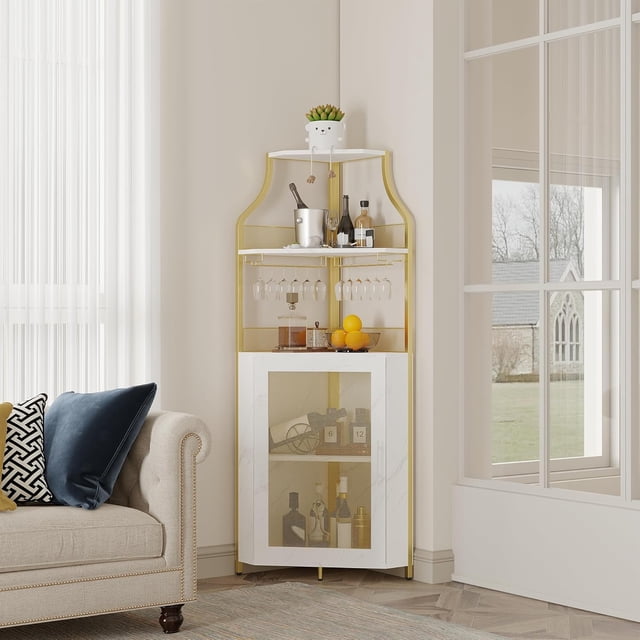 Ourlova Corner Bar Cabinet 5-Tier Industrial Corner Wine Cabinet with Removable Glass Rack Liquor Storage Cabinet with Adjustable Shelves Home Bar with Glass Doors and Baffle Gold with Light