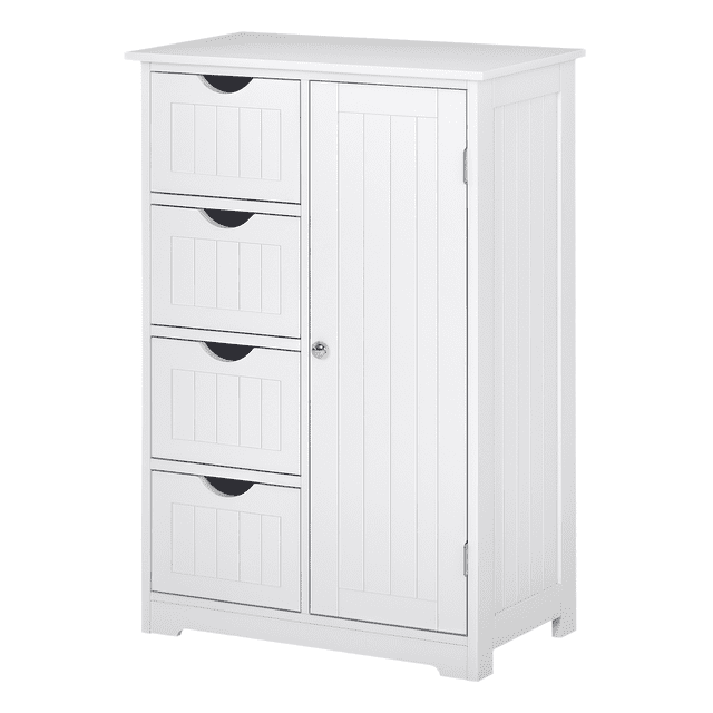 kleankin Armoire de Rangement de Salle de Bain avec 4 Tiroirs et Tablette Ajustable en Blanc. Cette Pièce de Meuble de Salle de Bain Est Fabriquée en MDF Robuste avec une Finition Peinte, Comprenant Quatre Tiroirs et une Armoire avec Tablette Réglable à 3 Niveaux pour un Rangement Polyvalent. Comprend une Sangle Anti-Basculement et des Patins Antidérapants pour une Sécurité Accrue et une protection du Plancher. Dimensions : 22 Pouces de Large, 11,8 Pouces de Profondeur et 32,7 Pouces de Hauteur.