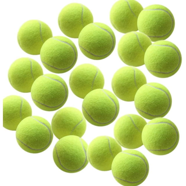 10 Pack Tennis Balls by Biinggo, designed for sports practice, lessons, and pet play. These bright yellow balls with white seams measure approximately 6.5cm (2.6 inches) in diameter. Suitable for tennis training or recreational use. The image displays multiple tennis balls scattered against a white background.