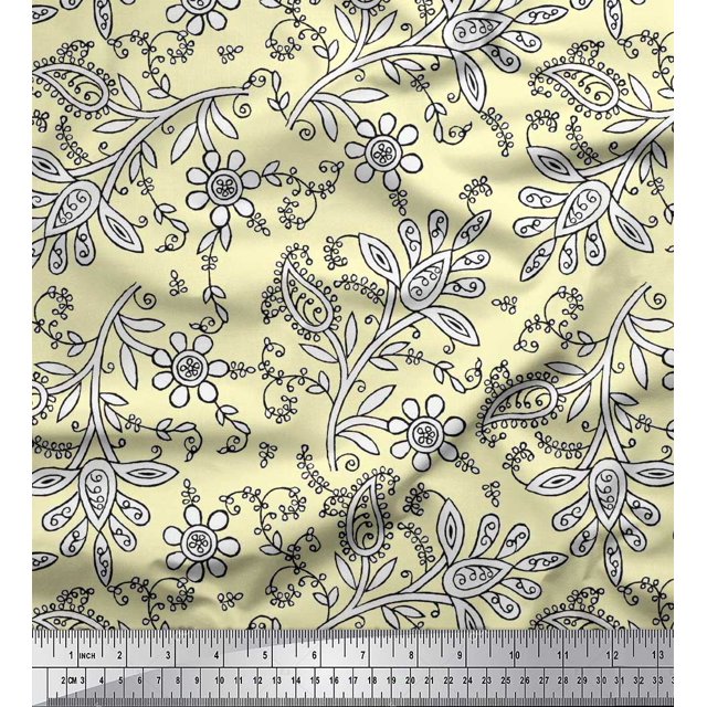 Soimoi Poly Georgette Fabric Leaves & Floral Block Printed Fabric 1 Yard 52 Inch Wide