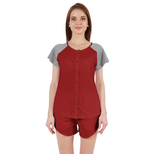 Inkmeso Solid 2 Pc Nightwear Set For Women Raglan Sleeves Button-Down Top & Shorts Sleepwear-66