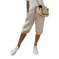 thumbnail image 1 of MAWCLOS Women's Bermuda Shorts, Elastic Waist, Drawstring, Knee Length, Solid Color, Khaki, XS, 1 of 2
