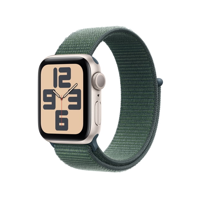 Apple Watch SE2 44mm GPS Starlight Aluminum Case with Lake Green Sport Loop in a 3/4 profile view, featuring a rectangular touchscreen with large black numerals on a beige face, a matte starlight aluminum case, and a textured lake green woven sport loop band. Suitable for fitness tracking and seamless Apple device integration.