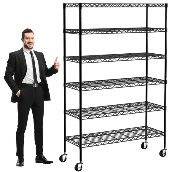 6-Tier Wire Shelving Unit 2100Lb Capacity Adjustable Storage Shelves Heavy Duty Storage Rack with Wheels NSF Metal Shelf for Closet Kitchen Garage Basement, 48" L x 18" W x 82" H, Black