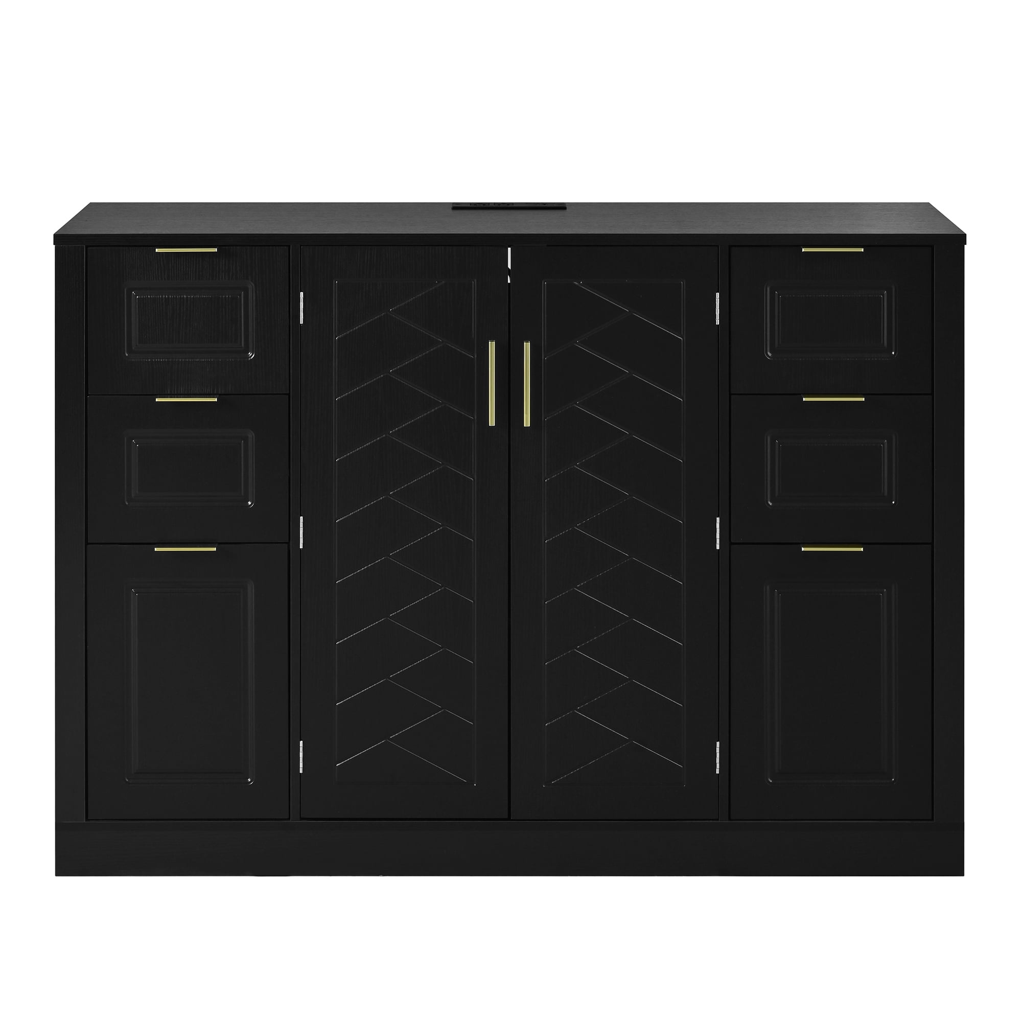 Noble House 47.2" Sideboard Buffet Cabinet with Power Outlet,2 Doors & 6 Drawers,3-Level Adjustable Shelves,Black