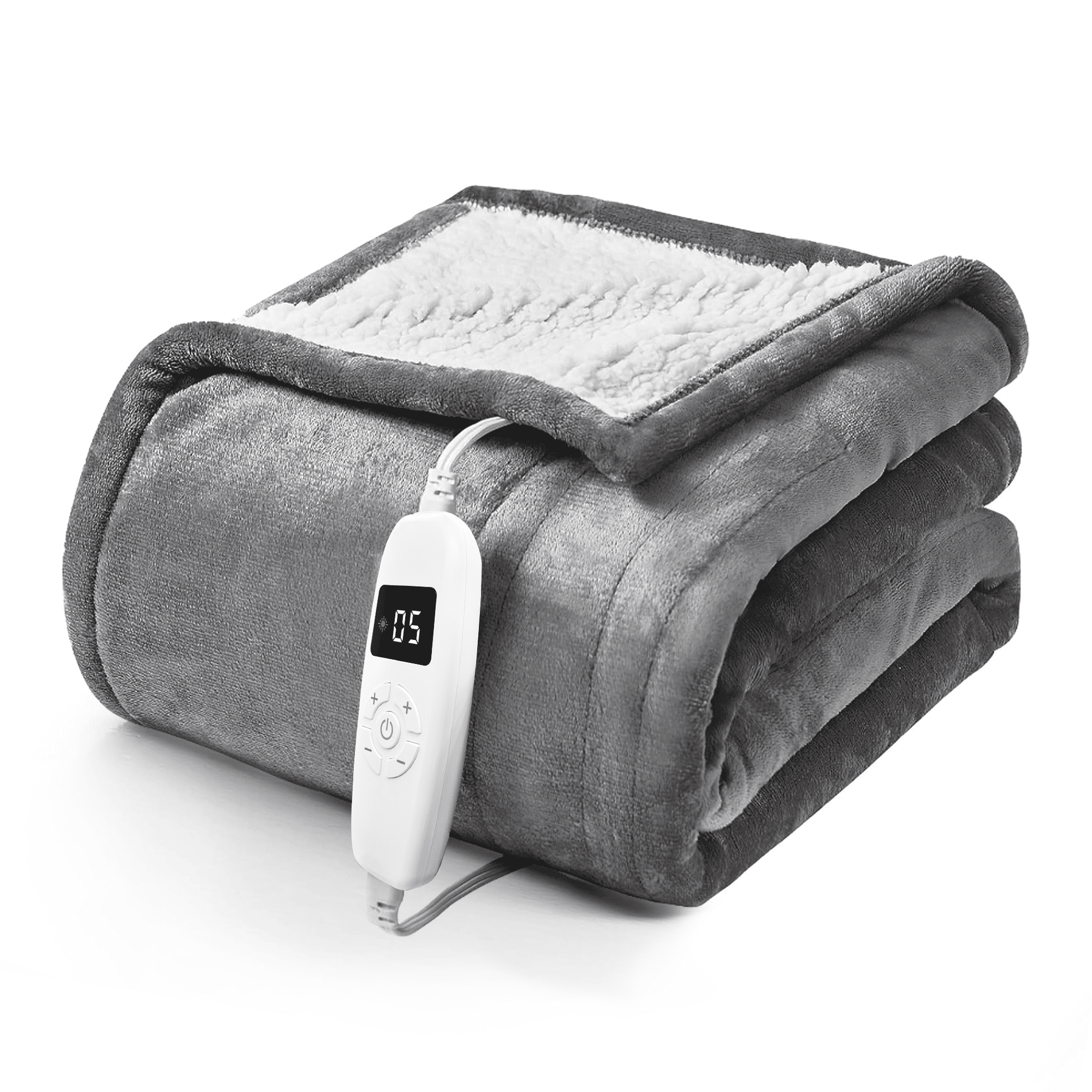 YGXNEWER 50" x 60" Electric Heated Blanket with 10 Heating Levels & 1-8H Auto-off, Machine Washable Flannel & Sherpa, Gray & White