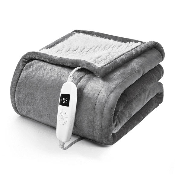 YGXNEWER 50" x 60" Electric Heated Blanket with 10 Heating Levels & 1-8H Auto-off, Machine Washable Flannel & Sherpa, Gray & White