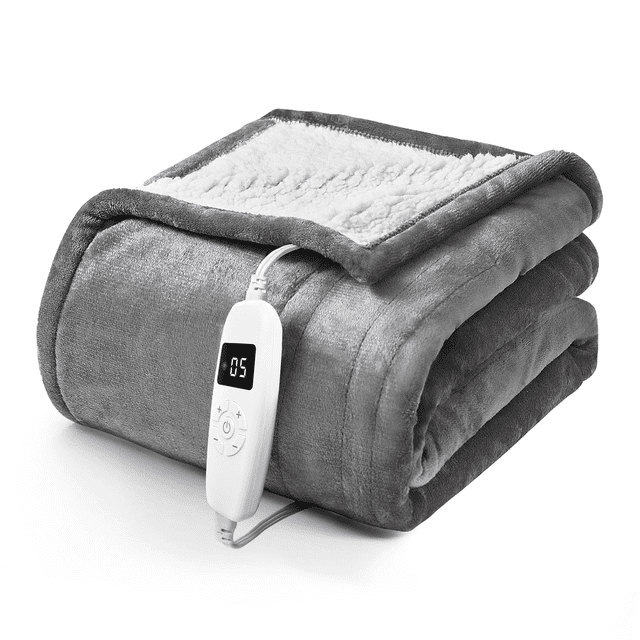 YGXNEWER 50" x 60" Electric Heated Blanket with 10 Heating Levels & 1-8H Auto-off, Machine Washable Flannel & Sherpa, Gray & White