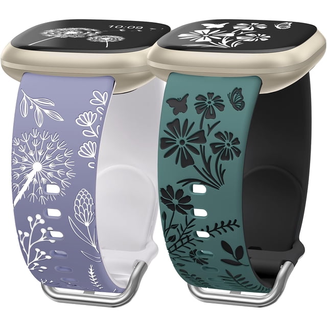 Wearlizer 2 Packs Compatible with Fitbit Versa 4 Bands/Versa 3 Bands/Sense 2 Bands/Sense Bands for Women, Pretty Two-tone Floral Engraved Silicone Straps, Cute Flower Pattern Sport Wristband Bracelets