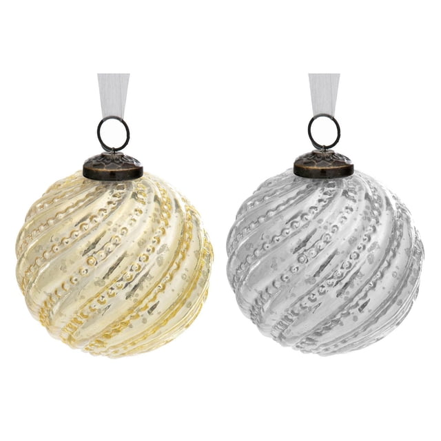 4" Glass Swirl Ornament (Gold + Silver) - Set of 4 featuring spherical glass decorative objects with textured spiral swirls in gold and silver tones, each with a metal cap and hanging loop on white ribbons, designed for home décor and decorative accents, also suitable for wreaths and seasonal displays.