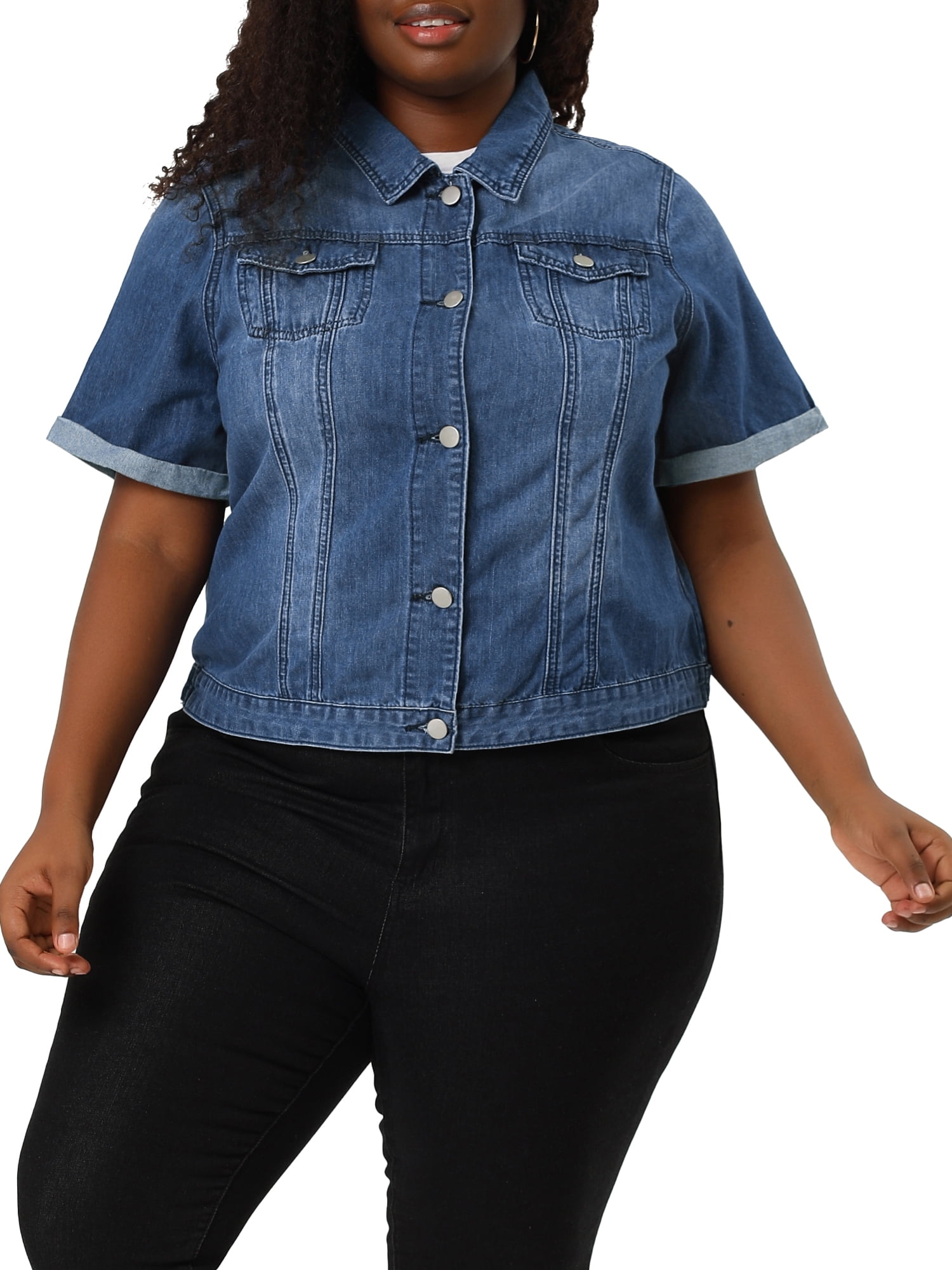Agnes Orinda Women's Plus Size Button Front Work Crop Short Sleeves Denim Jacket 5X Blue