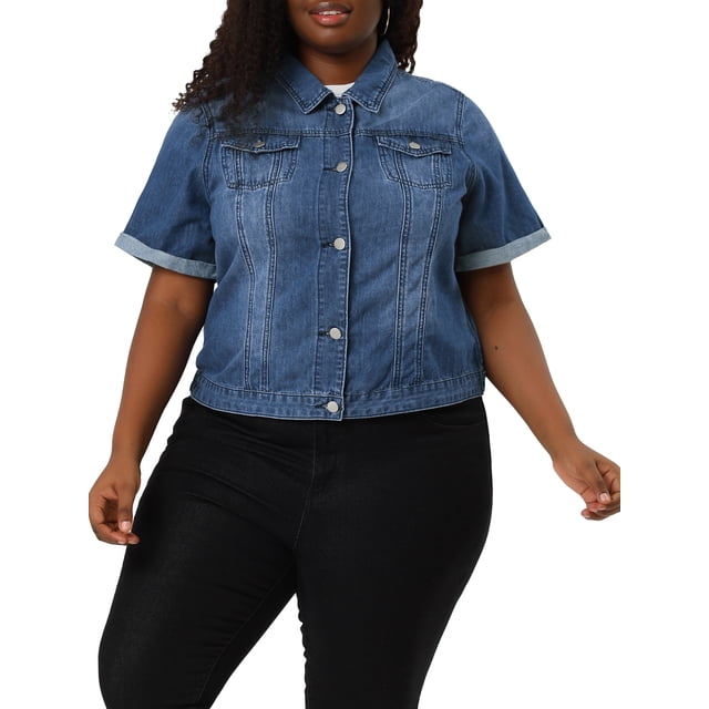 GRACE & GRANDEUR Women's Plus Size Fall Button Down Crop Jean Trucker Denim Jacket
