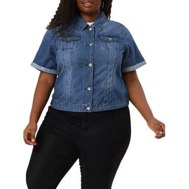 Agnes Orinda Veste en Denim Courte à Manches Courtes pour Femme Grande Taille, Boutonnée devant, pour l'École et le Cégep, 5X Bleu