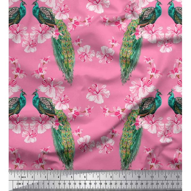 Soimoi Polyester Crepe Fabric Floral & Peacock Bird Print Fabric by The Yard 52 Inch Wide