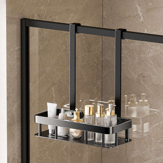 2-Tier Hanging Shower Caddy Over The Door Large Capacity Hanging Shower Organizer in black, made of rustproof iron with a sturdy design. Features a soap tray, multiple hooks, and a drainage system for quick drying. Suitable for 1.77-inch doors, it installs without drilling and supports up to 35 lbs. Dimensions: 33.5x29.5x13.5cm.
