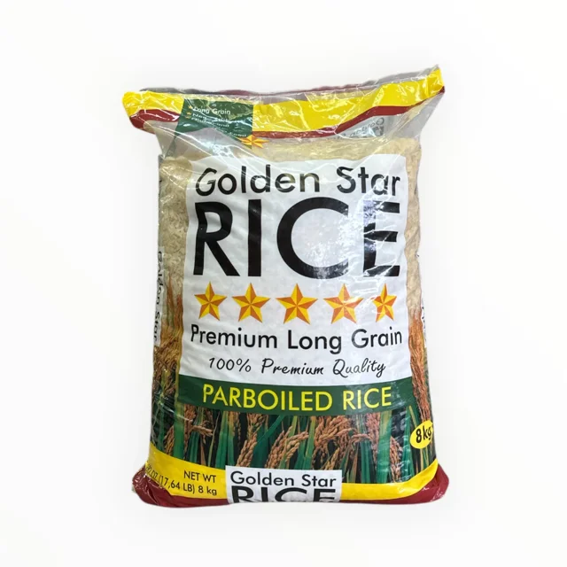 Golden Star Long Grain Parboiled Rice, 8 kg bag with premium quality branding. Features five gold stars and text emphasizing its non-sticky, fluffy texture, perfect for jollof rice, fried rice, and everyday meals. A pantry staple with consistent grain length and quality, ideal for family cooking. Packaging includes vibrant rice field imagery and clear labeling of weight and product type.