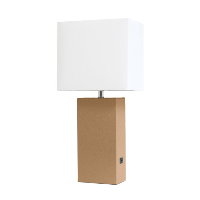 Elegant Designs Modern Leather Table Lamp with USB and White Fabric Shade featuring a beige rectangular leather-wrapped base with a side USB port and a white rectangular fabric shade, standing 21 inches tall, suitable for living room, bedroom, or office use and ideal for charging devices.