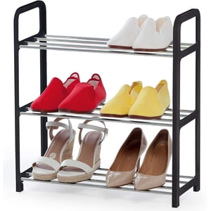 Porte-chaussures 3 niveaux, sans rouille, peu d'espace, rack de chaussures 3 niveaux, acier tubulaire, plastique, noir, argent