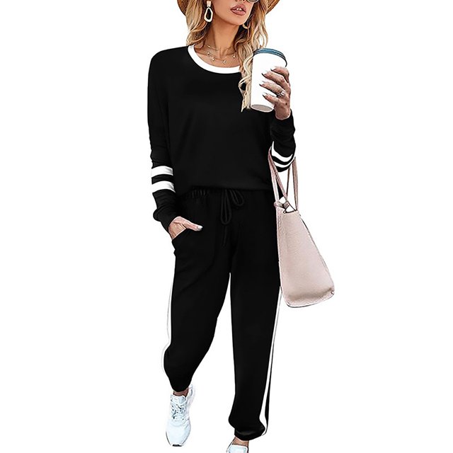 Innerwin Jogger Set Long Sleeve Ladies Sweatsuits Jogging Pullover Loungewear Two Piece Outfit Black XL