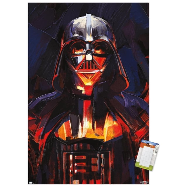 Star Wars : Obi-Wan Kenobi - Affiche Murale de Peinture de Darth Vader, 22,375 Po x 34 Po Représentant une Peinture Stylisée de Darth Vader en Armure Noire avec des Mèches Rouges et orange Lumineuses sur un Fond Abstrait Bleu Foncé et Noir, Idéale pour l'Art Mural et la Déco Intérieure.