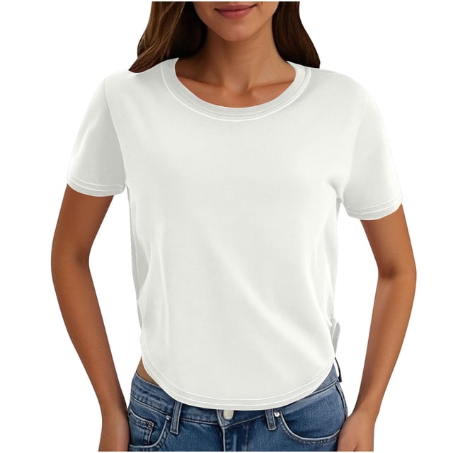 Yuyuzo Hauts Courts pour Femmes T-Shirts à Manches Courtes Col Rond Hauts de Sortie T-Shirts Unis Hauts