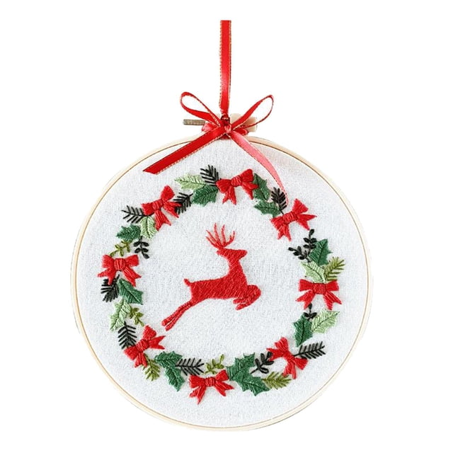 DIY Embroidery Tools Crafts Cross Stitch Material Hoop Cloth Needles Reindeer featuring a bamboo embroidery hoop with a Christmas-themed design of a red reindeer surrounded by a wreath of green leaves and red bows. Includes embroidery cloth, needles, thread, and instructions, ideal for beginners and craft enthusiasts.